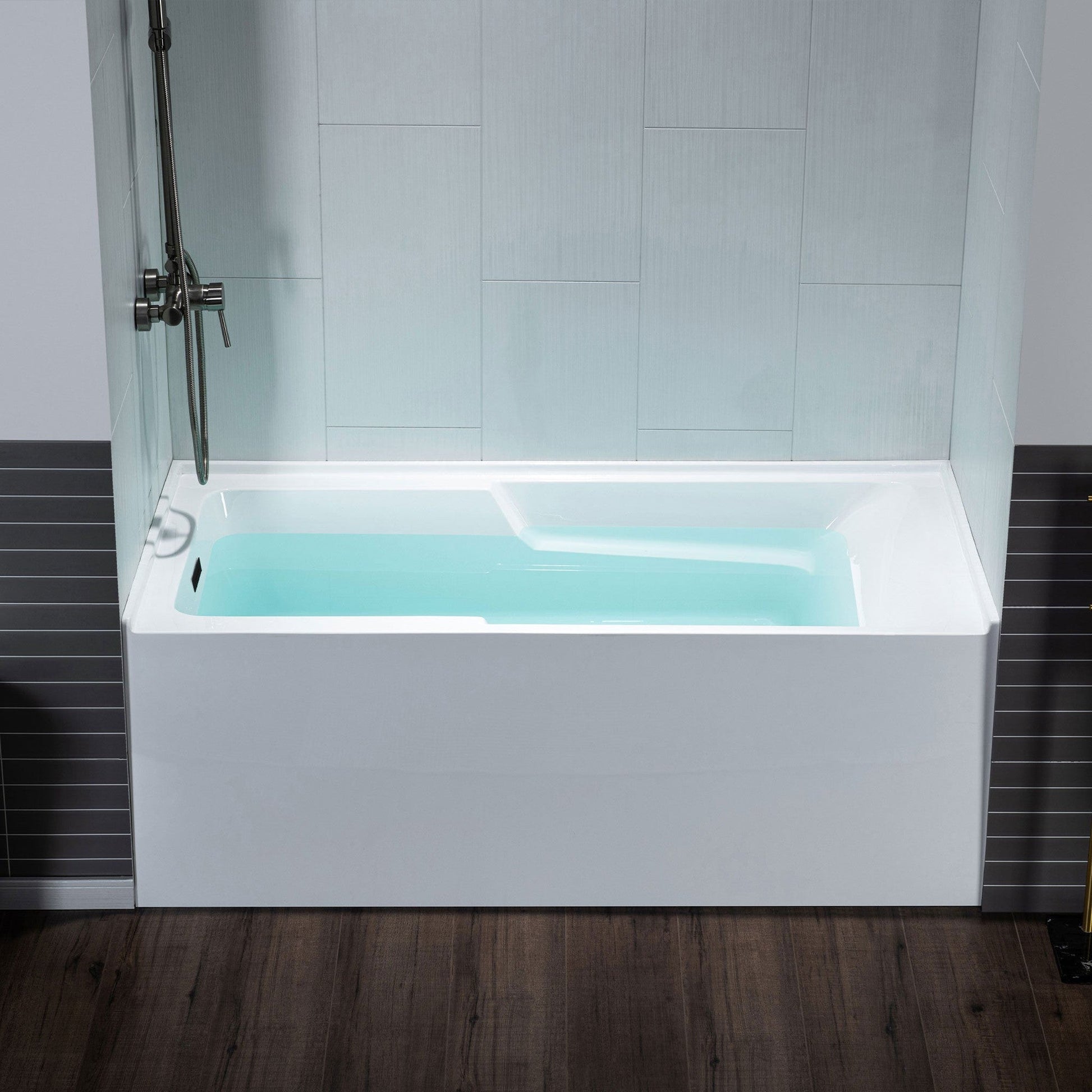 WoodBridge 54" White Acrylic Alcove Rectangular Soaking Bathtub Left Matte Black Pop-up Drain Placement With Clear Tempered Glass Frameless Hinged Shower Tub Door and Matte Gray Staggered Vertical Pattern Shower Wall Kit
