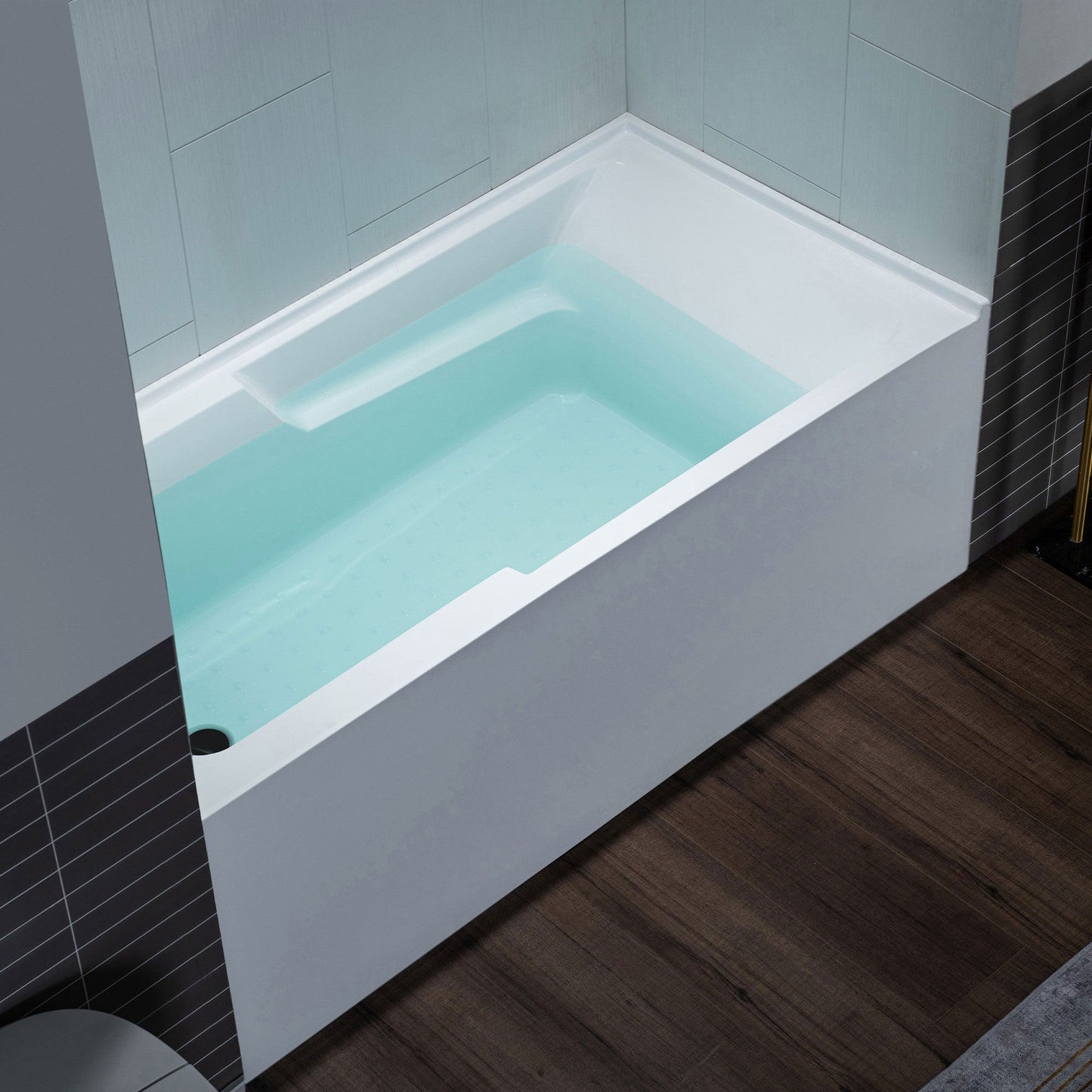 WoodBridge 54" White Acrylic Alcove Rectangular Soaking Bathtub Left Matte Black Pop-up Drain Placement With Clear Tempered Glass Frameless Hinged Shower Tub Door and Matte Gray Staggered Vertical Pattern Shower Wall Kit