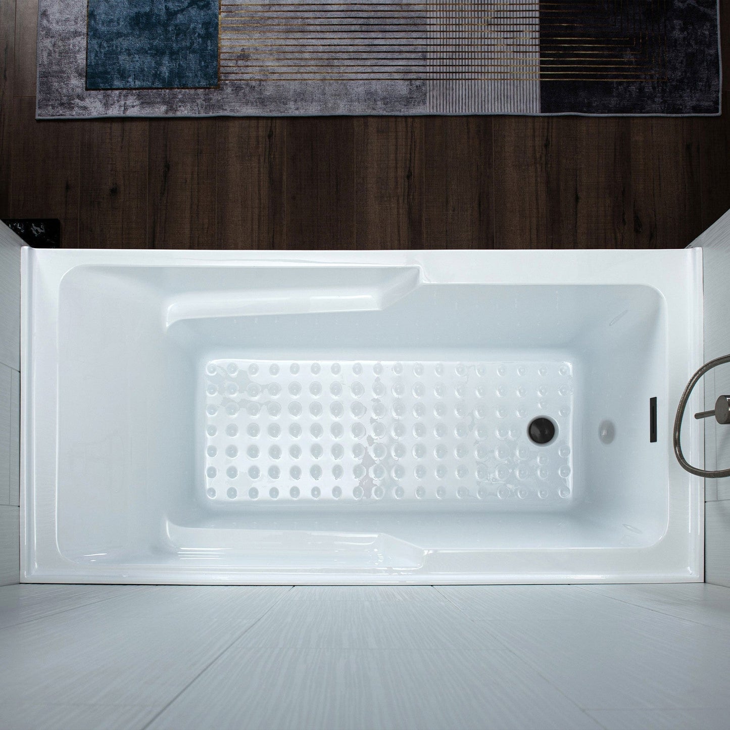 WoodBridge 54" White Acrylic Alcove Rectangular Soaking Bathtub Left Matte Black Pop-up Drain Placement With Clear Tempered Glass Frameless Hinged Shower Tub Door and Matte Gray Staggered Vertical Pattern Shower Wall Kit
