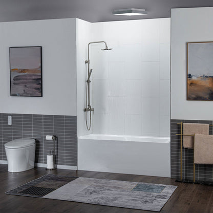 WoodBridge 54" White Acrylic Alcove Rectangular Soaking Bathtub Left Matte Black Pop-up Drain Placement With Clear Tempered Glass Frameless Hinged Shower Tub Door and Matte Gray Staggered Vertical Pattern Shower Wall Kit