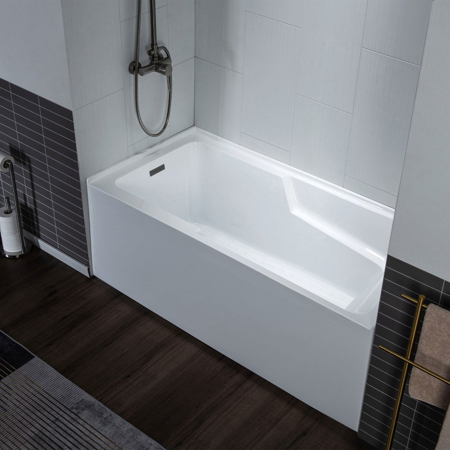 WoodBridge 54" White Acrylic Alcove Rectangular Soaking Bathtub Left Matte Black Pop-up Drain Placement With Clear Tempered Glass Frameless Hinged Shower Tub Door and Matte Gray Staggered Vertical Pattern Shower Wall Kit