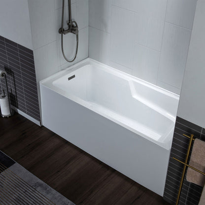 WoodBridge 54" White Acrylic Alcove Rectangular Soaking Bathtub Left Matte Black Pop-up Drain Placement With Clear Tempered Glass Frameless Hinged Shower Tub Door and Matte Gray Staggered Vertical Pattern Shower Wall Kit