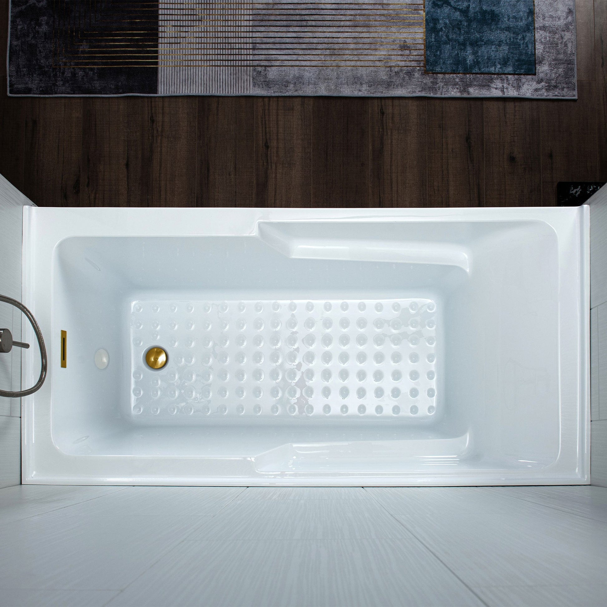 WoodBridge 54" White Acrylic Alcove Rectangular Soaking Bathtub Right Drain Placement With Brushed Gold Pop-up Drain