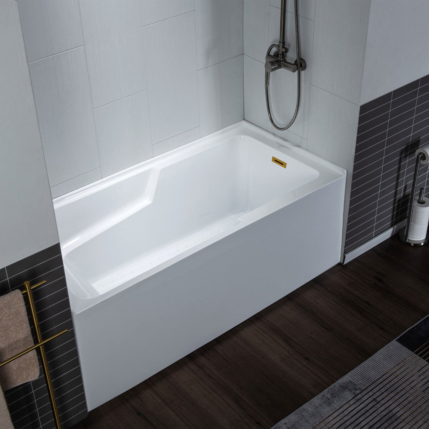 WoodBridge 54" White Acrylic Alcove Rectangular Soaking Bathtub Right Drain Placement With Brushed Gold Pop-up Drain