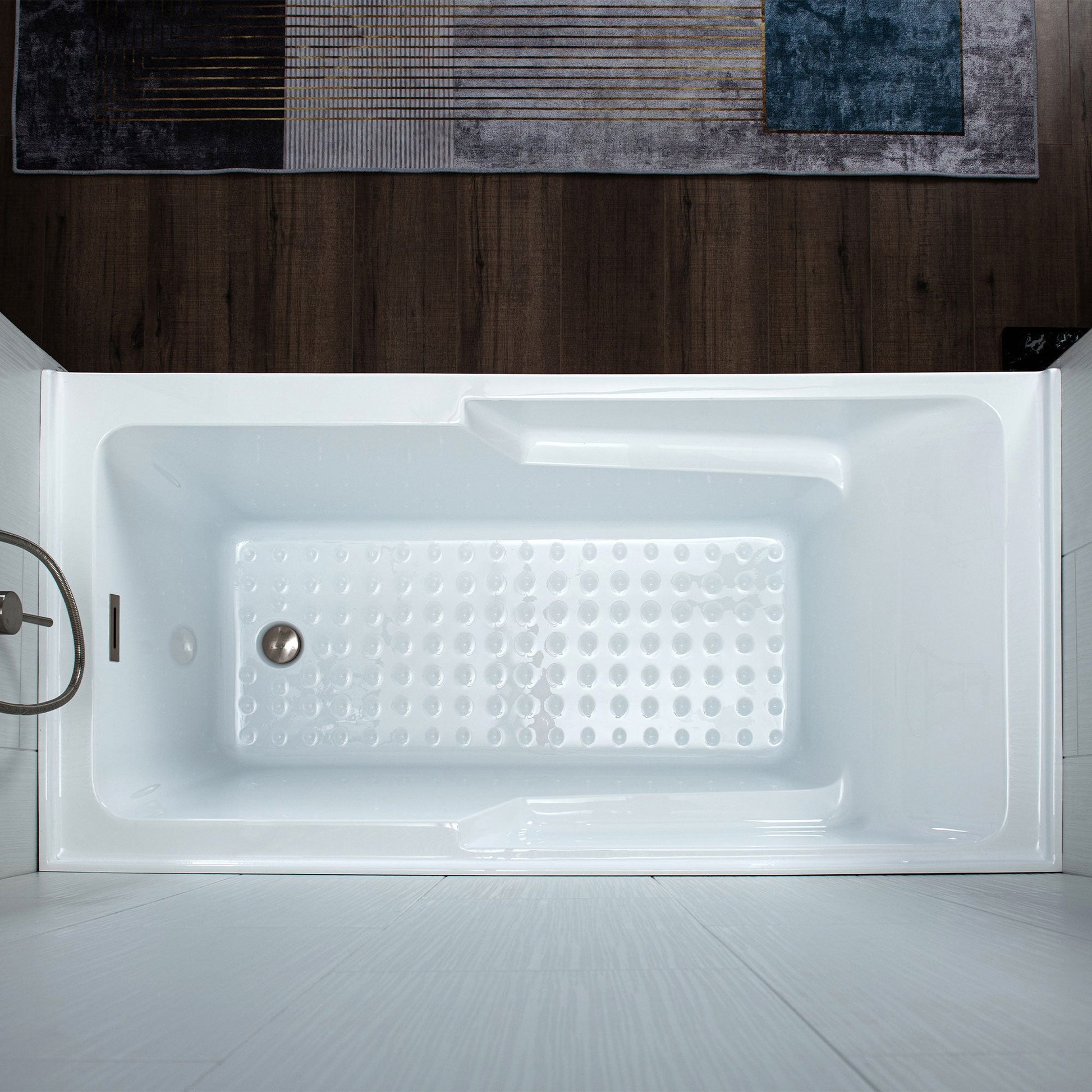 WoodBridge 54" White Acrylic Alcove Rectangular Soaking Bathtub Right Drain Placement With Brushed Nickel Pop-up Drain