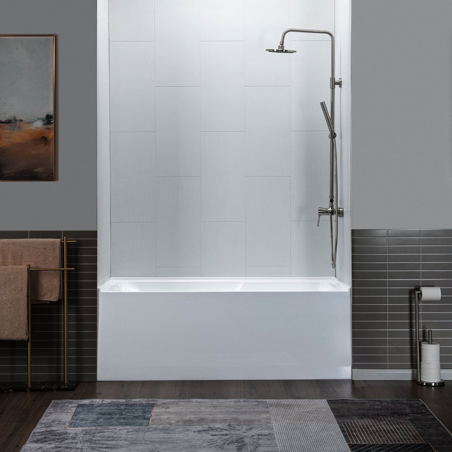 WoodBridge 54" White Acrylic Alcove Rectangular Soaking Bathtub Right Drain Placement With Brushed Nickel Pop-up Drain