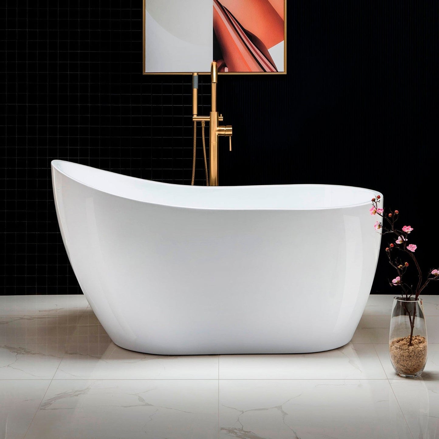 WoodBridge 54" White Acrylic Freestanding Soaking Bathtub With Brushed Gold Drain, Overflow, F-0007BGRD Tub Filler and Caddy Tray