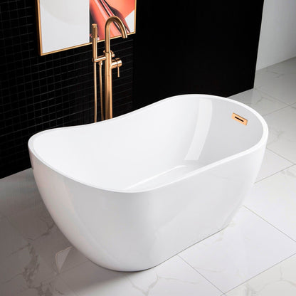 WoodBridge 54" White Acrylic Freestanding Soaking Bathtub With Brushed Gold Drain, Overflow, F-0007BGRD Tub Filler and Caddy Tray