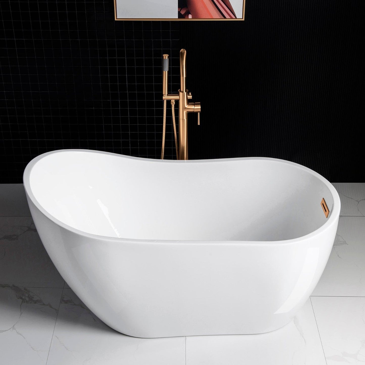 WoodBridge 54" White Acrylic Freestanding Soaking Bathtub With Brushed Gold Drain, Overflow, F-0007BGRD Tub Filler and Caddy Tray