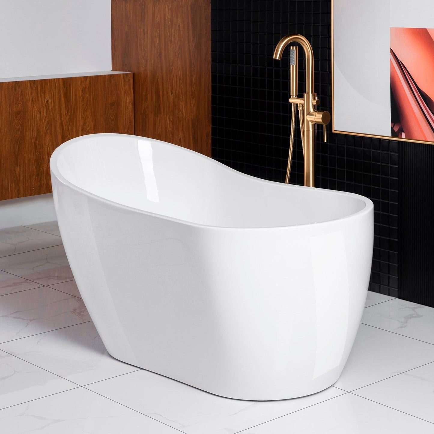 WoodBridge 54" White Acrylic Freestanding Soaking Bathtub With Brushed Gold Drain, Overflow, F-0007BGRD Tub Filler and Caddy Tray