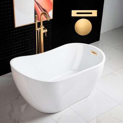 WoodBridge 54" White Acrylic Freestanding Soaking Bathtub With Brushed Gold Drain, Overflow, F-0007BGRD Tub Filler and Caddy Tray