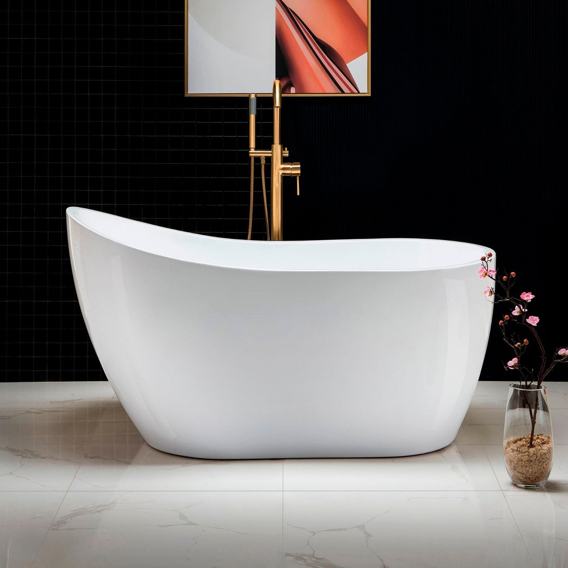 WoodBridge 54" White Acrylic Freestanding Soaking Bathtub With Brushed Gold Drain and Overflow