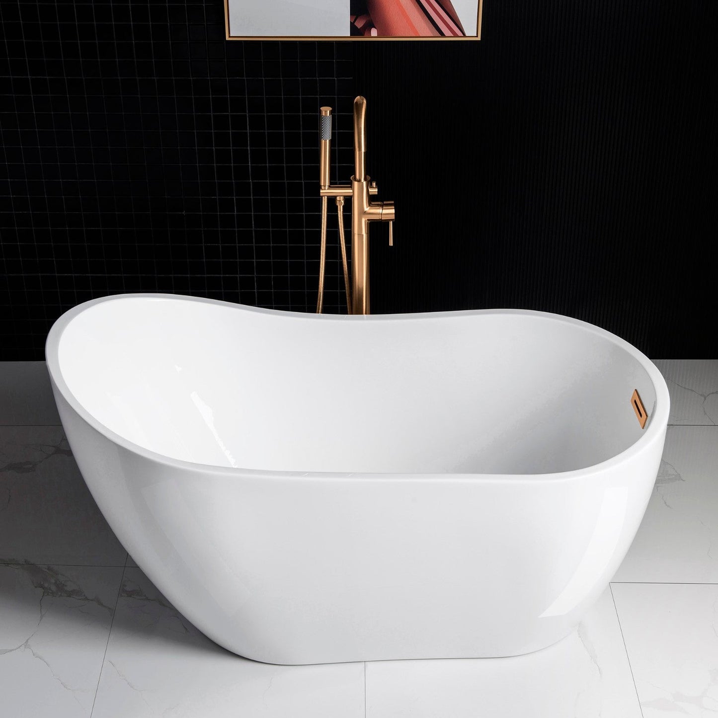 WoodBridge 54" White Acrylic Freestanding Soaking Bathtub With Brushed Gold Drain and Overflow