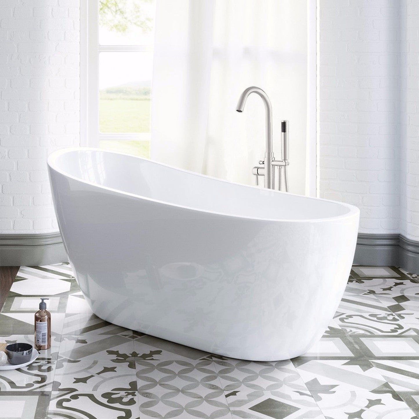 WoodBridge 54" White Acrylic Freestanding Soaking Bathtub With Brushed Nickel Drain, Overflow, F-0003 Tub Filler and Caddy Tray