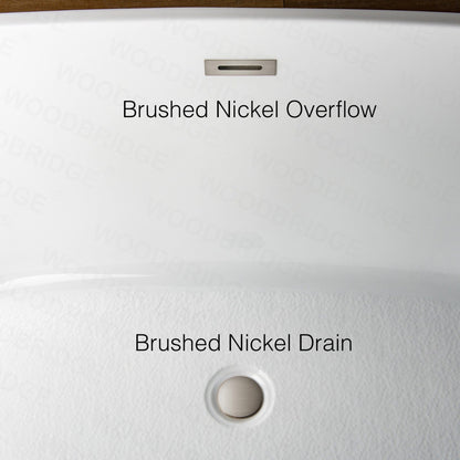 WoodBridge 54" White Acrylic Freestanding Soaking Bathtub With Brushed Nickel Drain, Overflow, F0001BNSQ Tub Filler and Caddy Tray