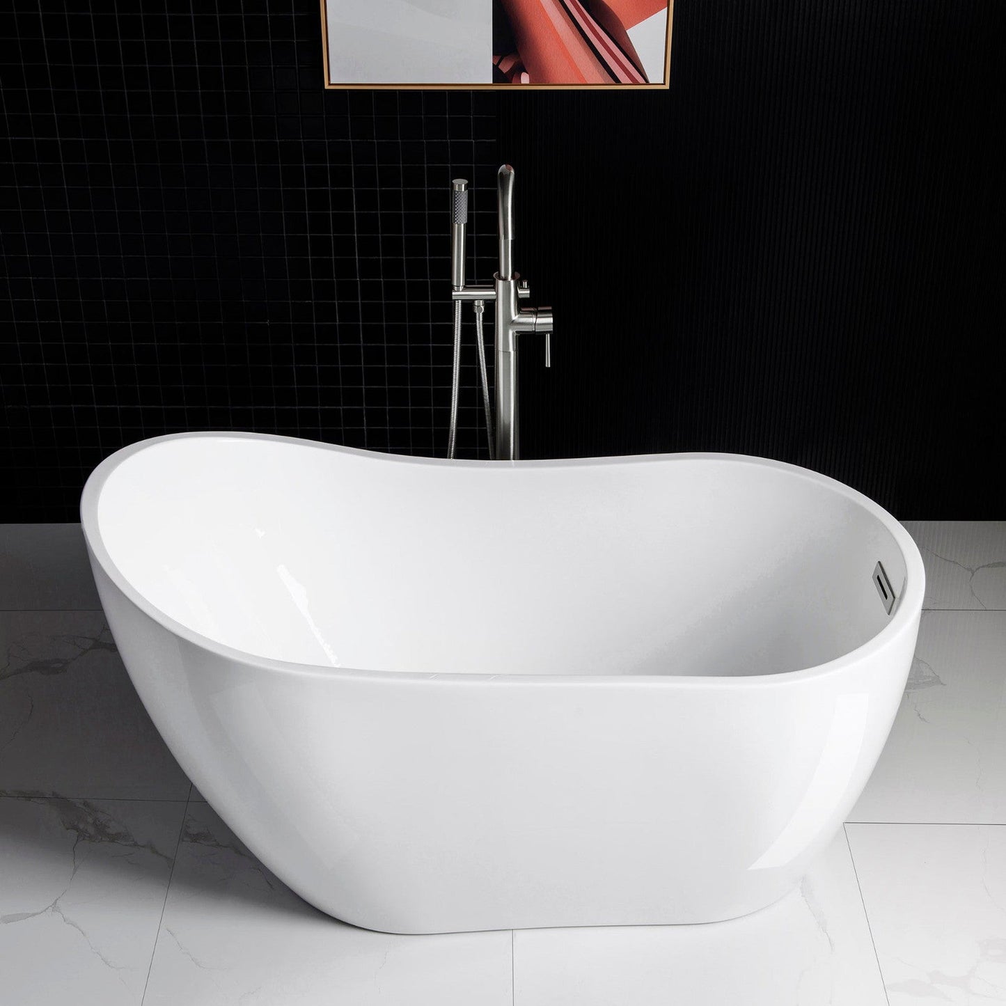 WoodBridge 54" White Acrylic Freestanding Soaking Bathtub With Brushed Nickel Drain, Overflow, F0001BNSQ Tub Filler and Caddy Tray