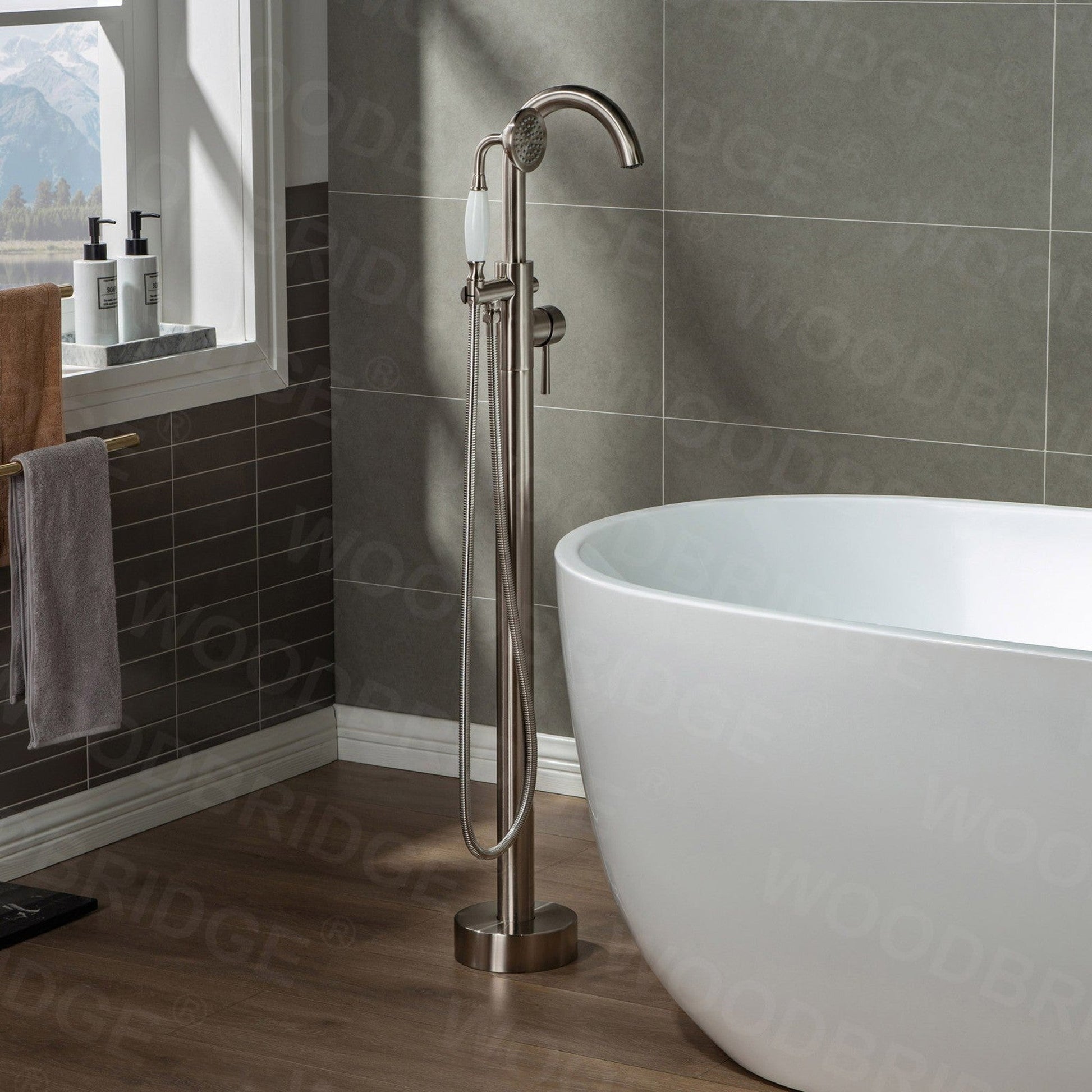 WoodBridge 54" White Acrylic Freestanding Soaking Bathtub With Brushed Nickel Drain, Overflow, F0001BNVT Tub Filler and Caddy Tray