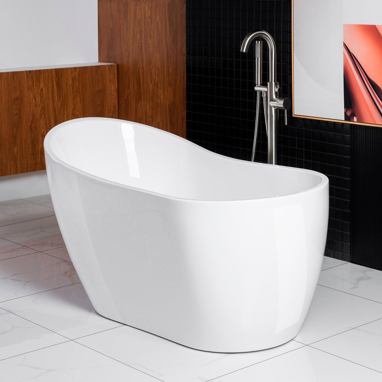 WoodBridge 54" White Acrylic Freestanding Soaking Bathtub With Brushed Nickel Drain, Overflow, F0001BNVT Tub Filler and Caddy Tray
