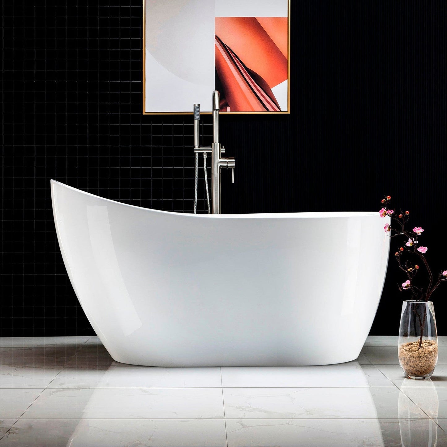 WoodBridge 54" White Acrylic Freestanding Soaking Bathtub With Brushed Nickel Drain, Overflow, F0070BNRD Tub Filler and Caddy Tray