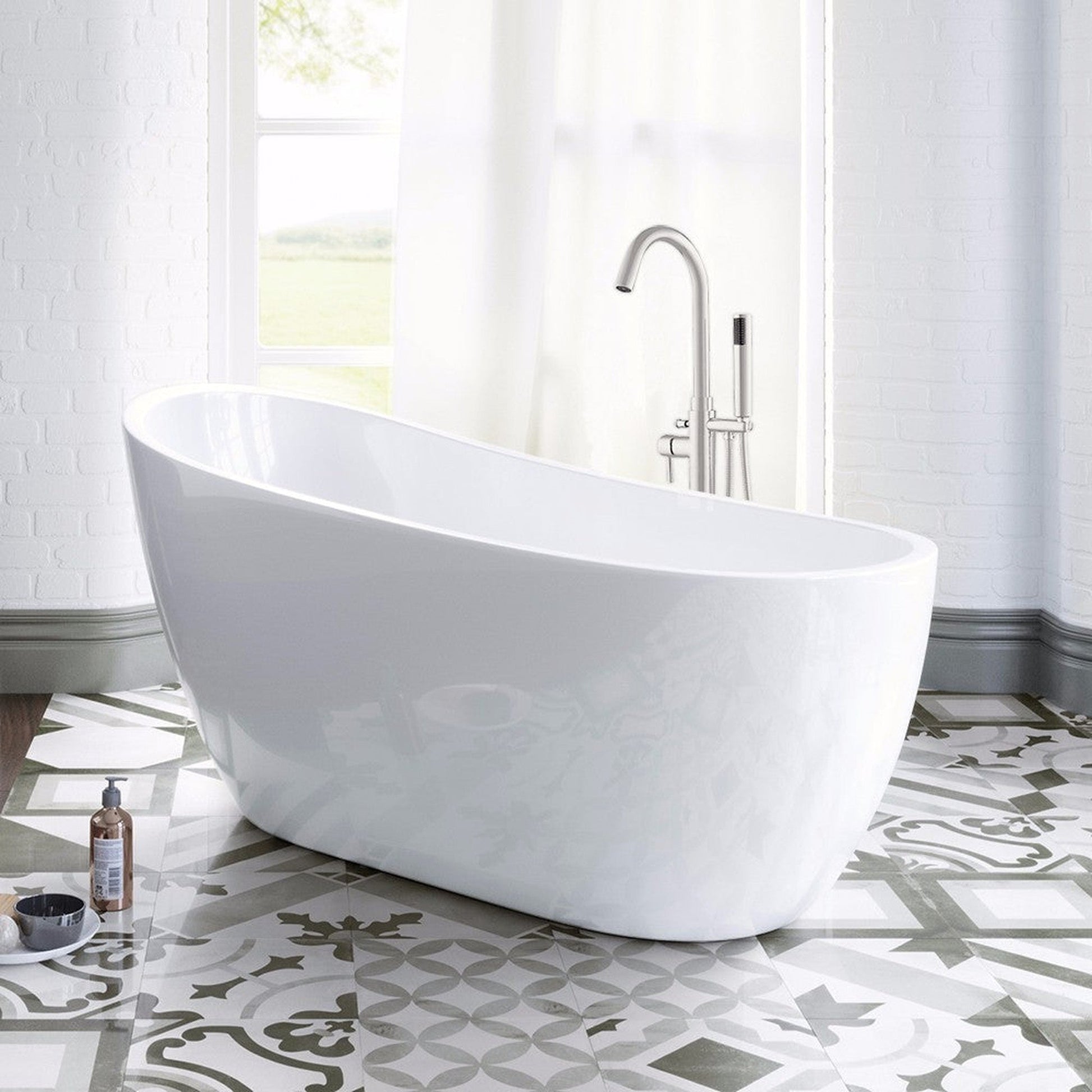 WoodBridge 54" White Acrylic Freestanding Soaking Bathtub With Brushed Nickel Drain, Overflow, F0070BNVT Tub Filler and Caddy Tray
