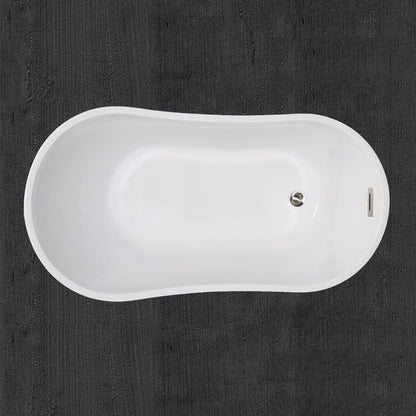 WoodBridge 54" White Acrylic Freestanding Soaking Bathtub With Brushed Nickel Drain, Overflow, F0070BNVT Tub Filler and Caddy Tray