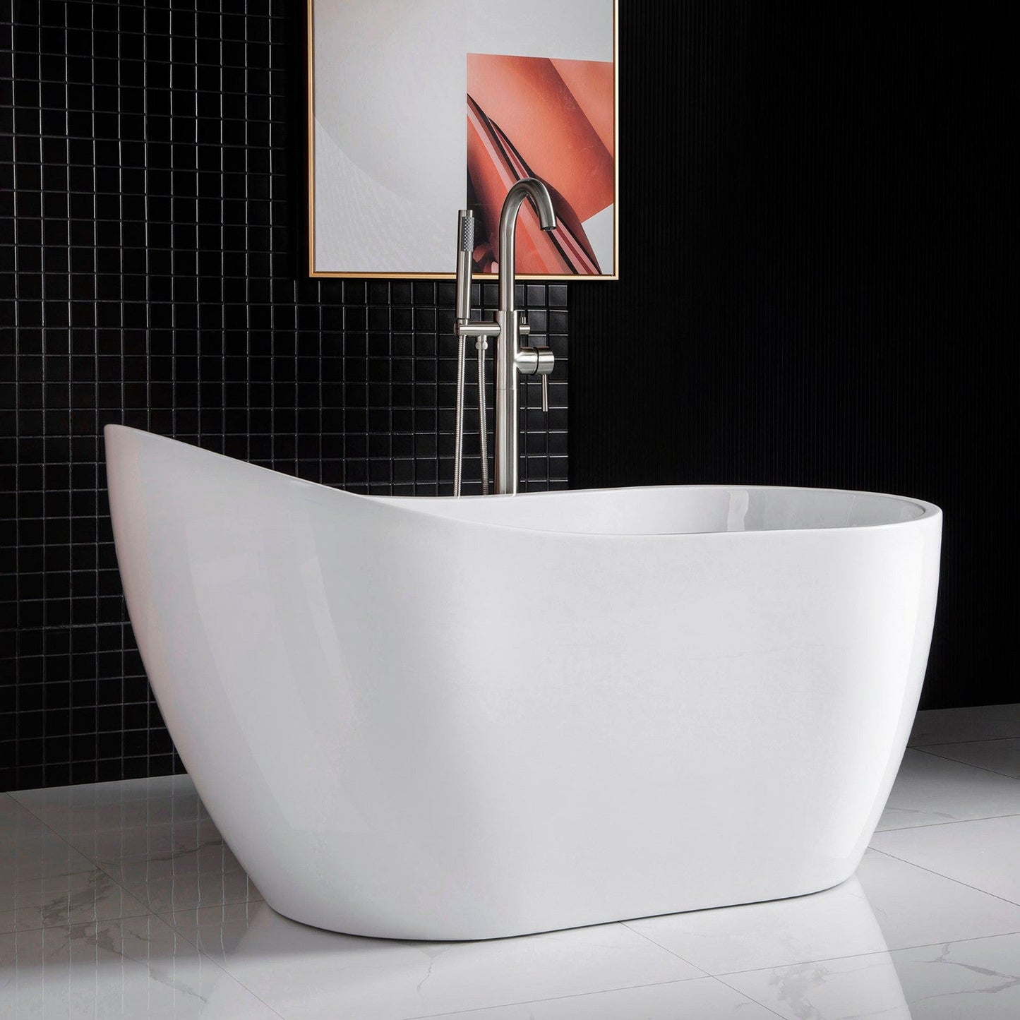 WoodBridge 54" White Acrylic Freestanding Soaking Bathtub With Chrome Drain, Overflow, F-0004 Tub Filler and Caddy Tray