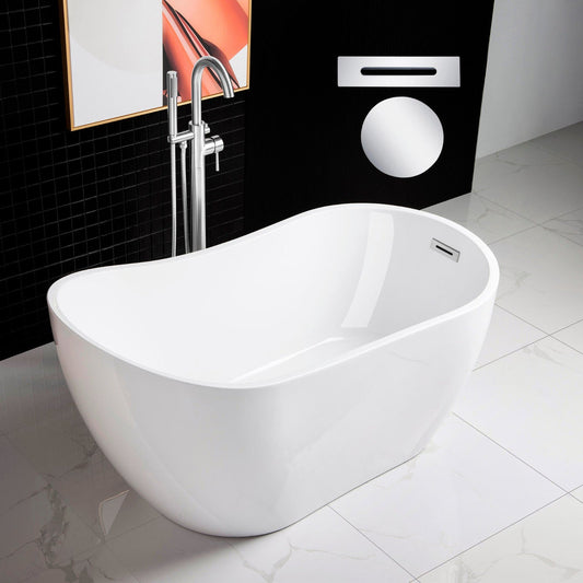 WoodBridge 54" White Acrylic Freestanding Soaking Bathtub With Chrome Drain, Overflow, F-0004 Tub Filler and Caddy Tray