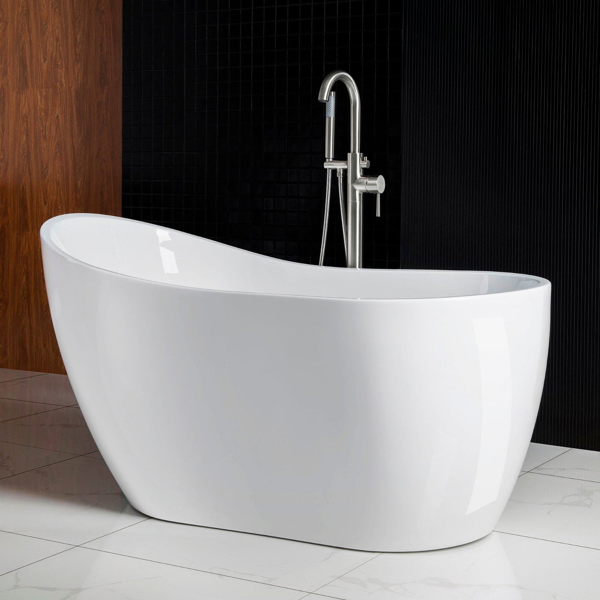 WoodBridge 54" White Acrylic Freestanding Soaking Bathtub With Chrome Drain, Overflow, F0071CHRD Tub Filler and Caddy Tray