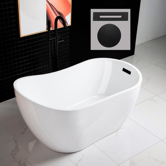 WoodBridge 54" White Acrylic Freestanding Soaking Bathtub With Matte Black Drain, Overflow, F0006MBRD tub Filler and Caddy Tray