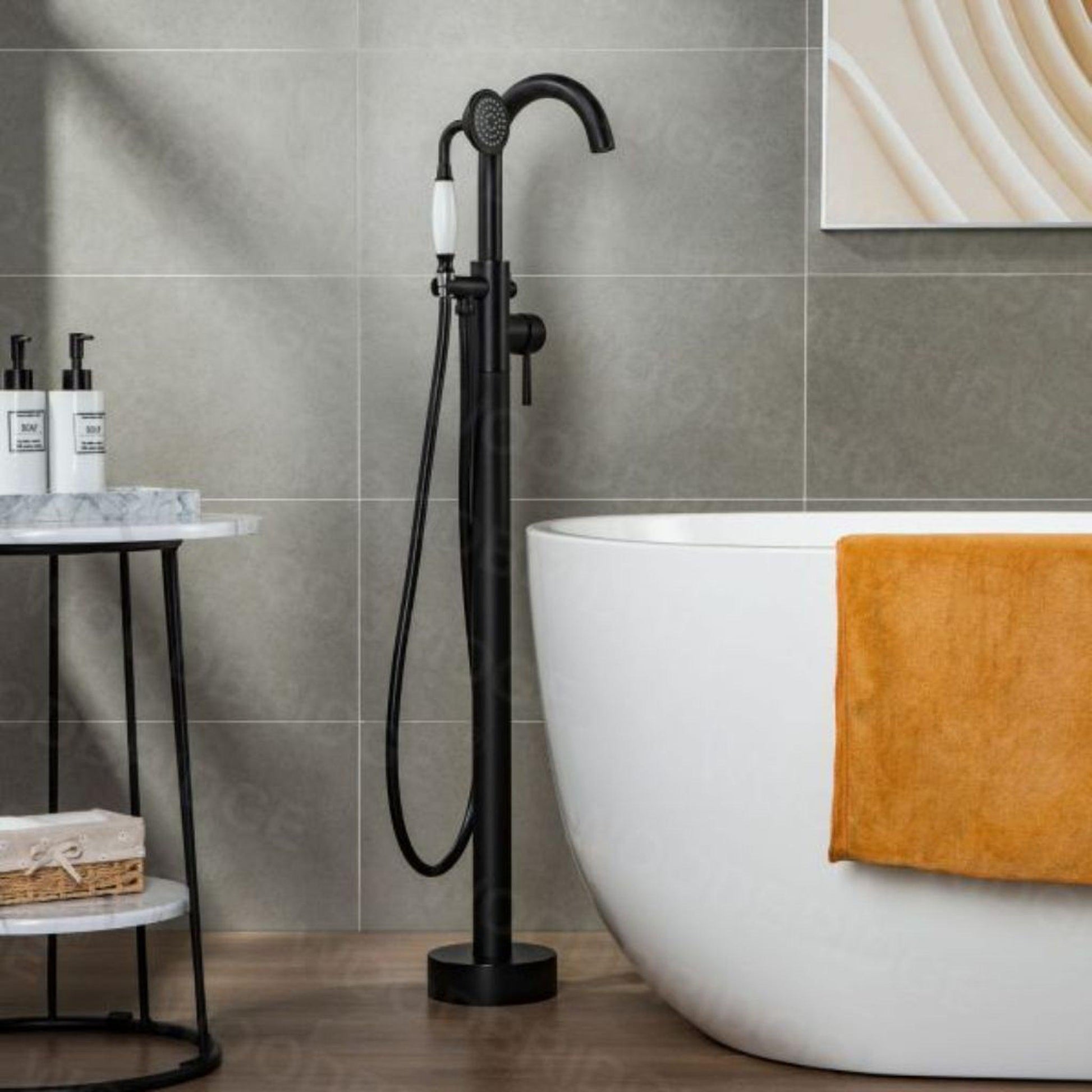 WoodBridge 54" White Acrylic Freestanding Soaking Bathtub With Matte Black Drain, Overflow, F0006MBVT Tub Filler and Caddy Tray
