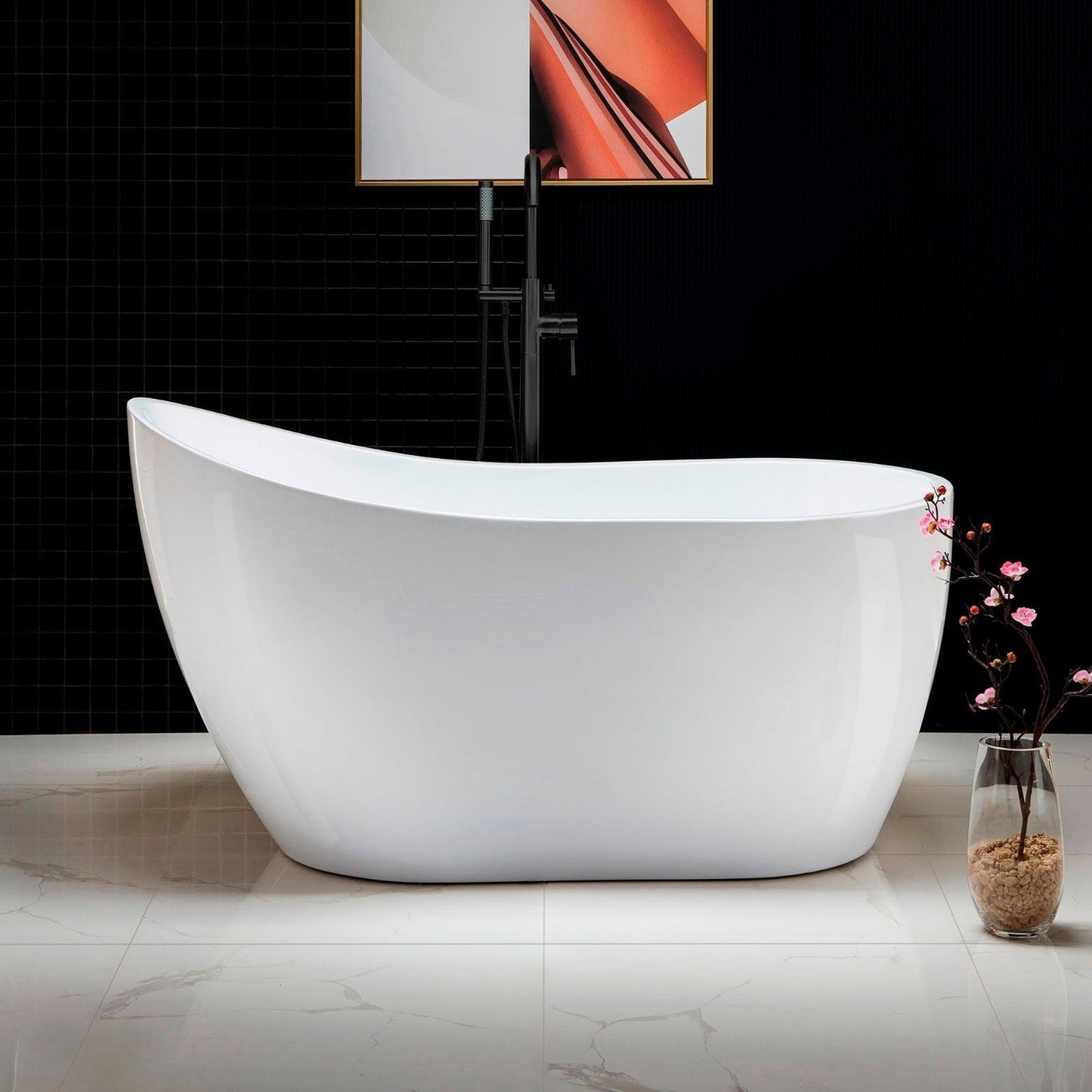 WoodBridge 54" White Acrylic Freestanding Soaking Bathtub With Matte Black Drain, Overflow, F0006MBVT Tub Filler and Caddy Tray