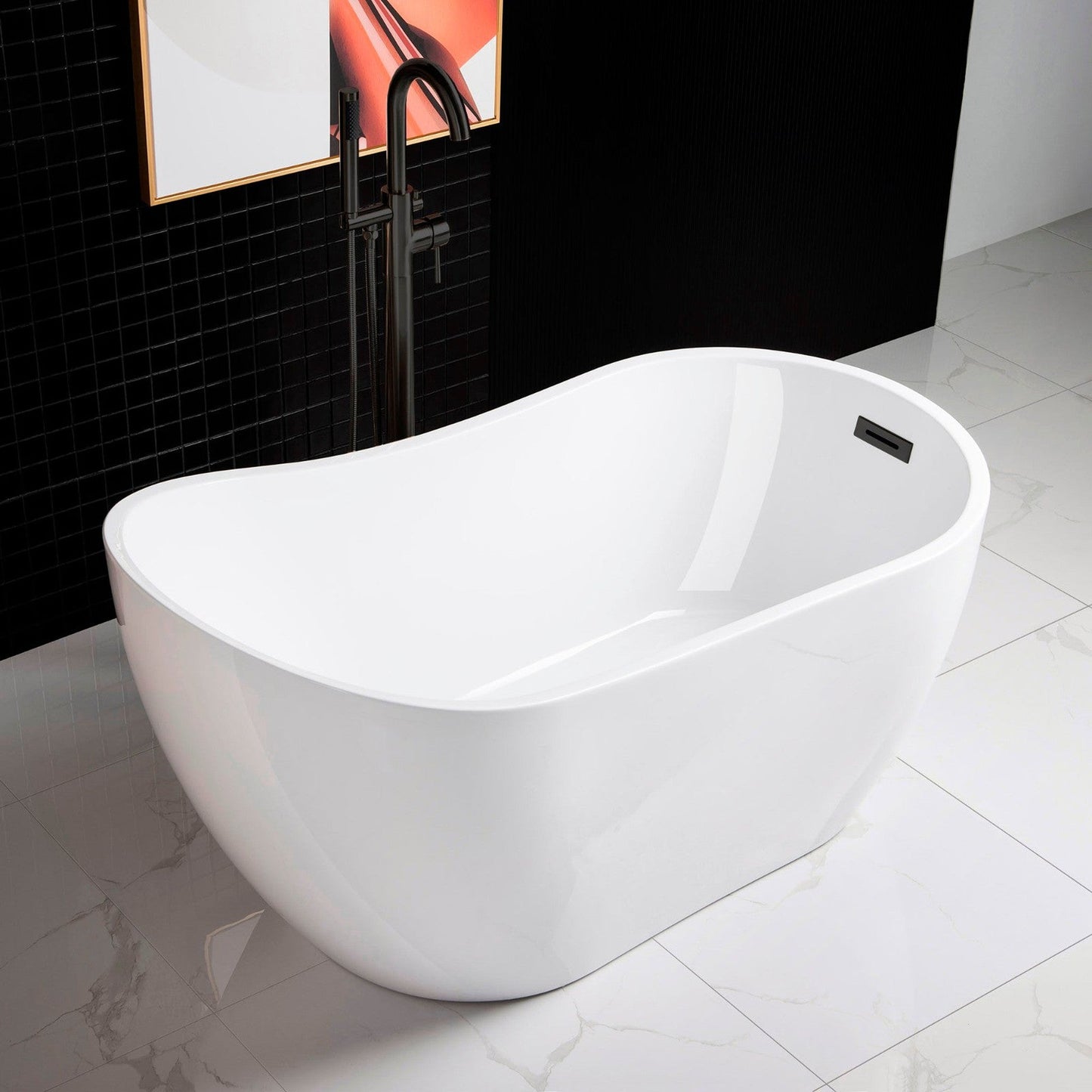 WoodBridge 54" White Acrylic Freestanding Soaking Bathtub With Matte Black Drain, Overflow, F0009 Tub Filler and Caddy Tray