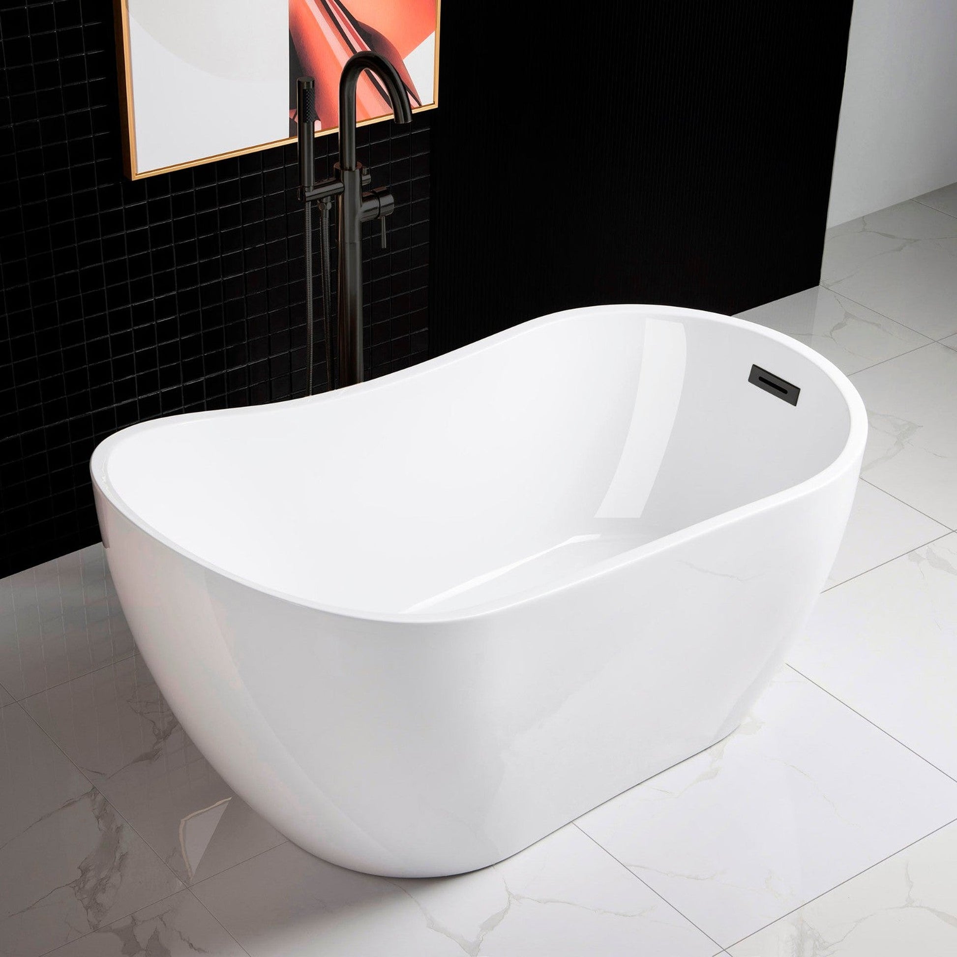WoodBridge 54" White Acrylic Freestanding Soaking Bathtub With Matte Black Drain, Overflow, F0025MBRD Tub Filler and Caddy Tray