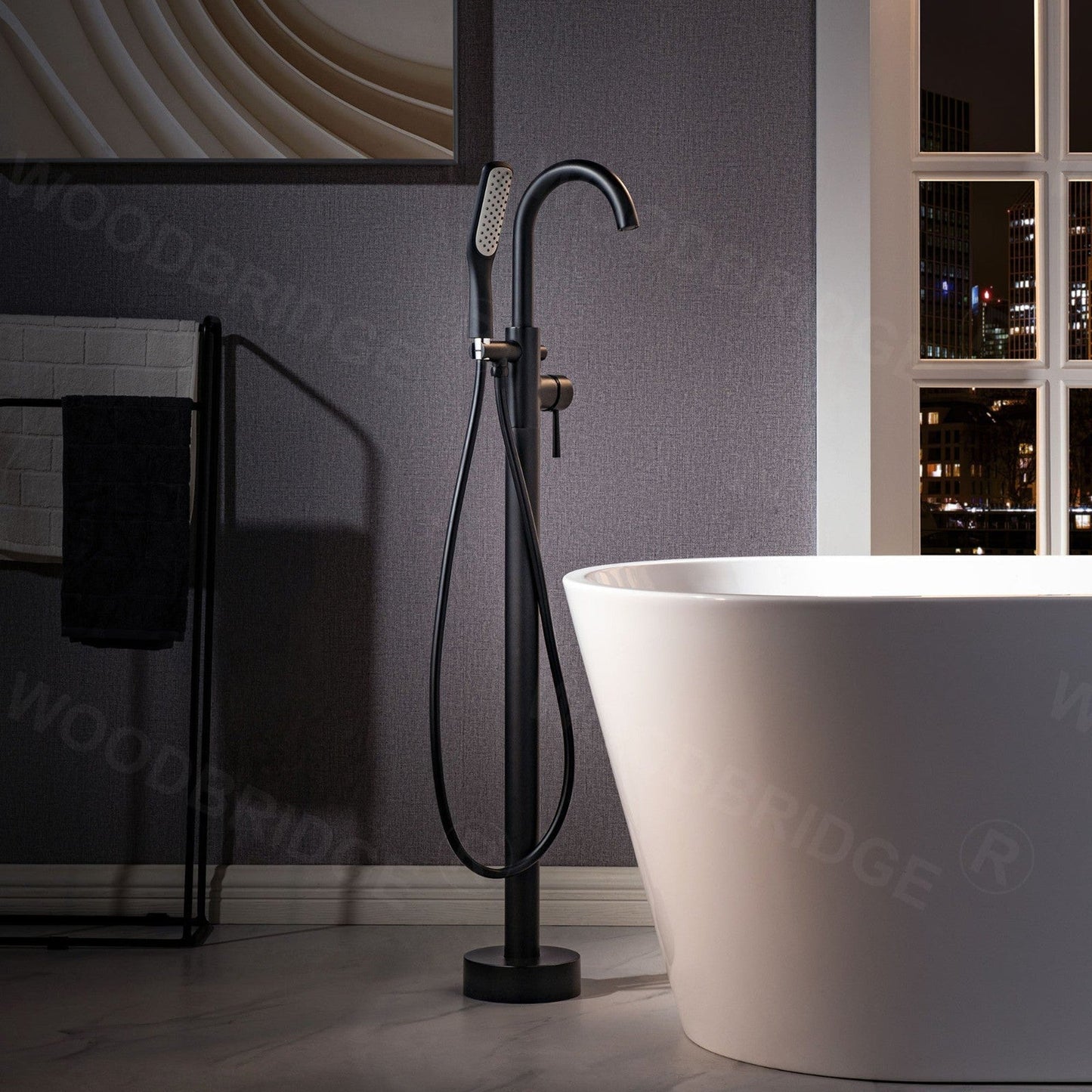 WoodBridge 54" White Acrylic Freestanding Soaking Bathtub With Matte Black Drain, Overflow, F0025MBSQ Tub Filler and Caddy Tray