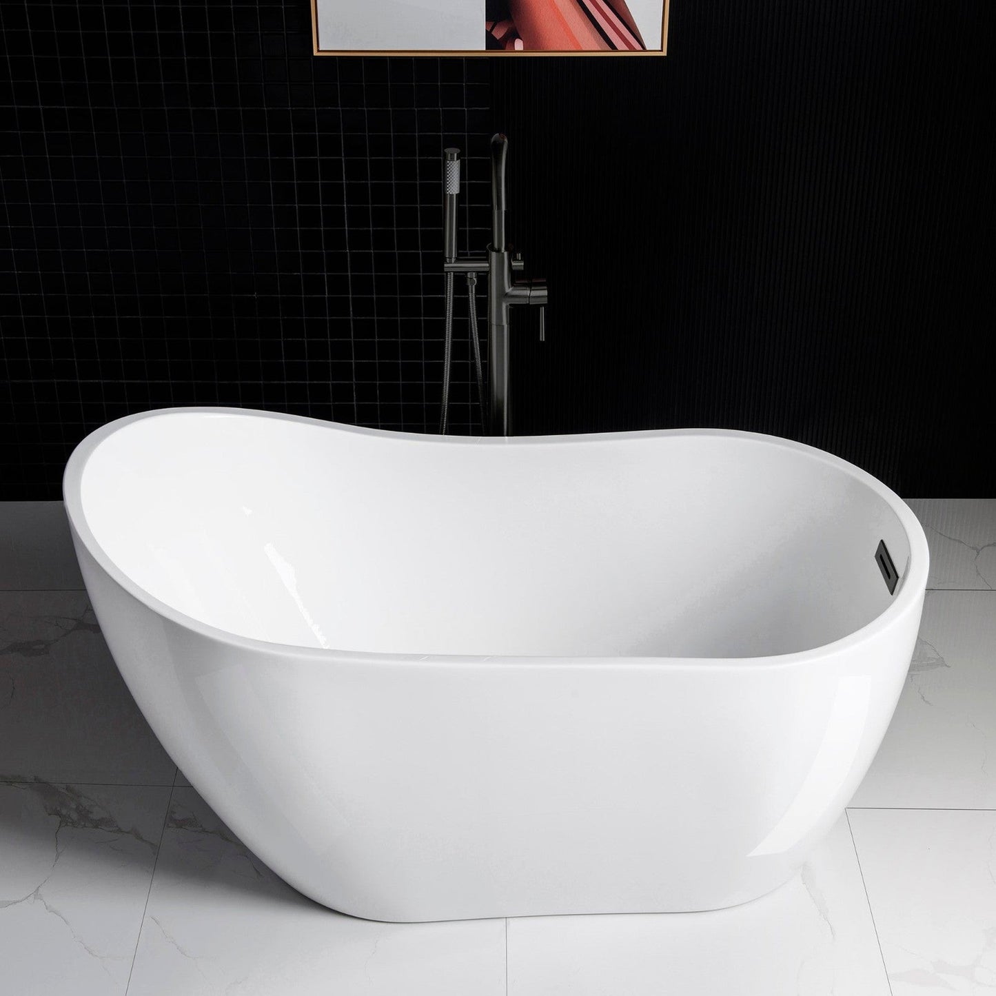 WoodBridge 54" White Acrylic Freestanding Soaking Bathtub With Matte Black Drain, Overflow, F0025MBVT Tub Filler and Caddy Tray