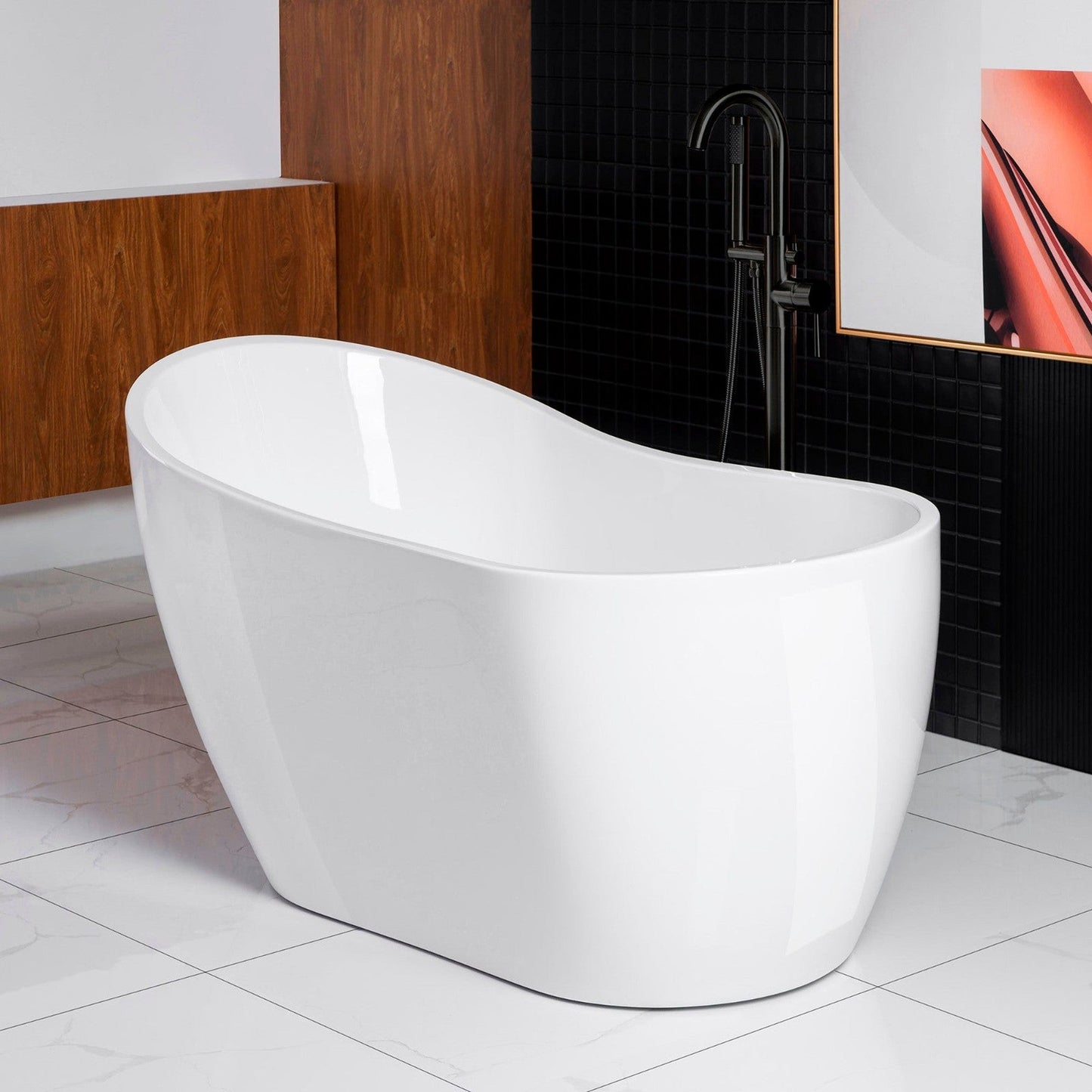 WoodBridge 54" White Acrylic Freestanding Soaking Bathtub With Matte Black Drain, Overflow, F0072MBDR Tub Filler and Caddy Tray