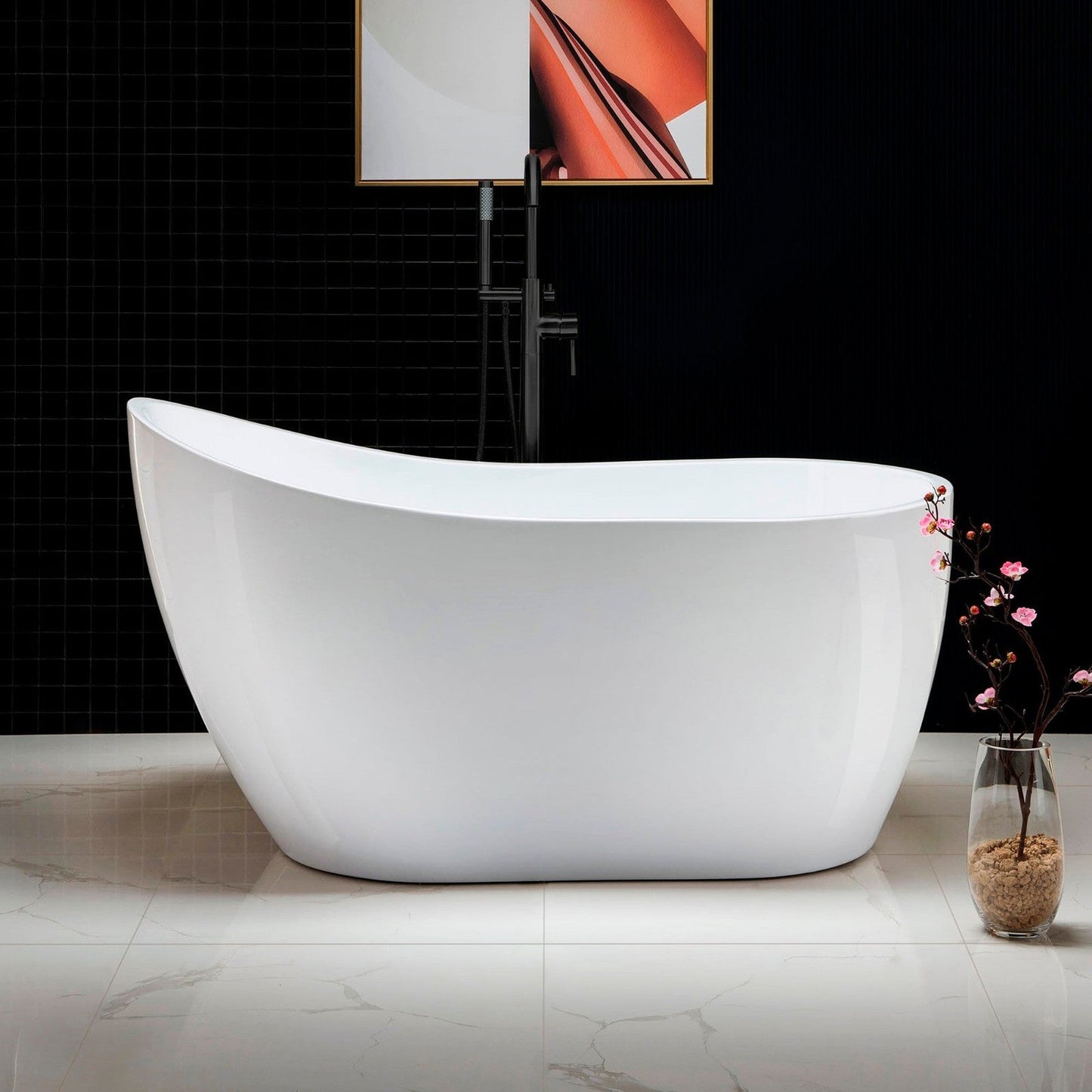 WoodBridge 54" White Acrylic Freestanding Soaking Bathtub With Matte Black Drain, Overflow, F0072MBVT Tub Filler and Caddy Tray