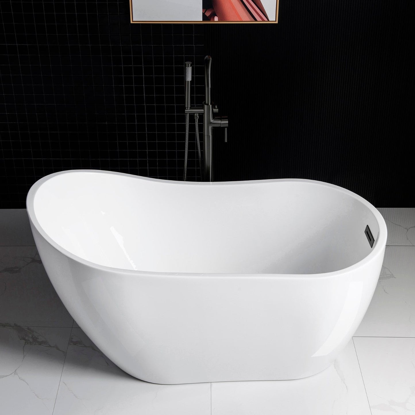 WoodBridge 54" White Acrylic Freestanding Soaking Bathtub With Matte Black Drain and Overflow