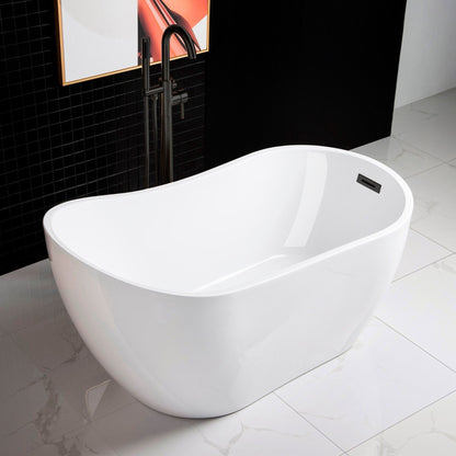 WoodBridge 54" White Acrylic Freestanding Soaking Bathtub With Oil Rubbed Bronze Drain and Overflow