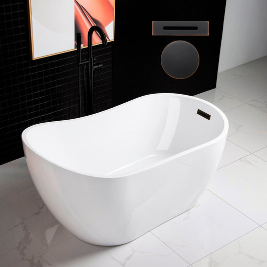 WoodBridge 54" White Acrylic Freestanding Soaking Bathtub With Oil Rubbed Bronze Drain and Overflow
