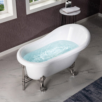 WoodBridge 54" White Acrylic Slipper Clawfoot Bath Tub With Brushed Nickel Feet, Drain, Overflow, F0070BNVT Tub Filler and Caddy Tray