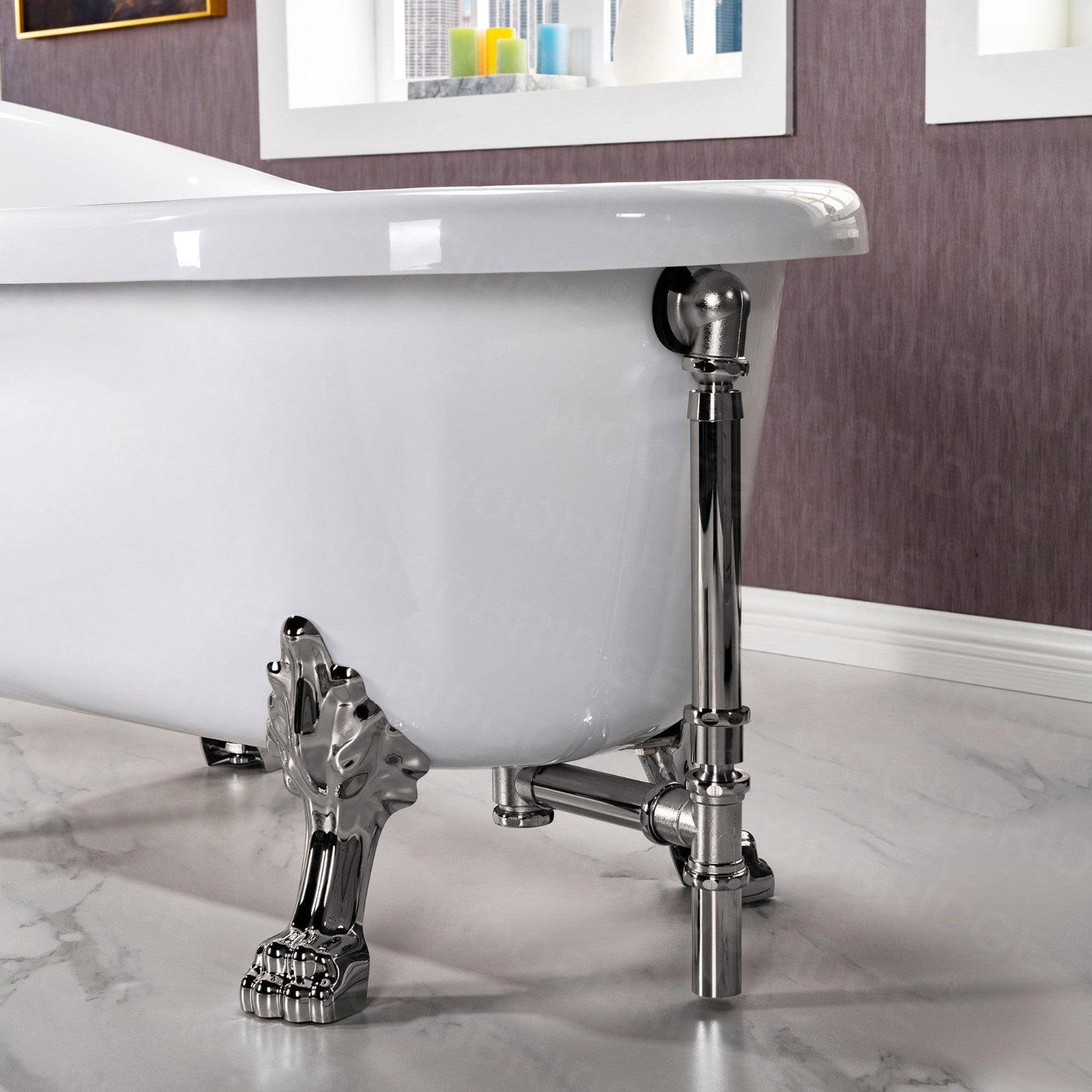 WoodBridge 54" White Acrylic Slipper Clawfoot Bath Tub With Brushed Nickel Feet, Drain, Overflow, F0070BNVT Tub Filler and Caddy Tray