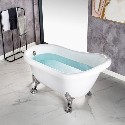 WoodBridge 54" White Acrylic Slipper Clawfoot Bath Tub With Brushed Nickel Feet, Drain, Overflow, F0070BNVT Tub Filler and Caddy Tray