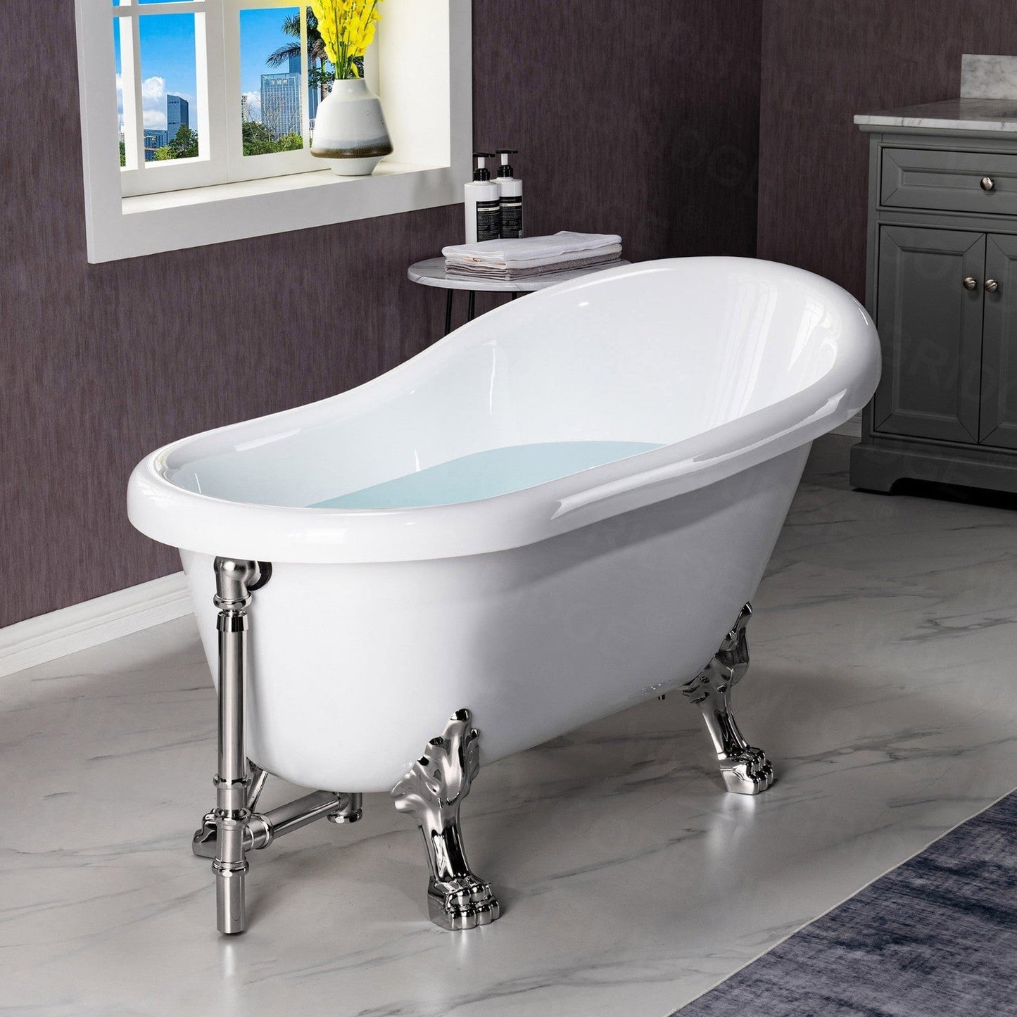 WoodBridge 54" White Acrylic Slipper Clawfoot Bath Tub With Brushed Nickel Feet, Drain, Overflow, F0070BNVT Tub Filler and Caddy Tray