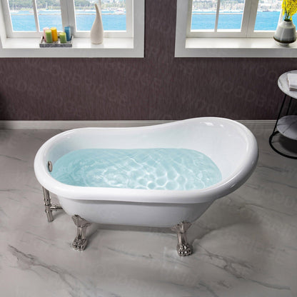 WoodBridge 54" White Acrylic Slipper Clawfoot Bath Tub With Brushed Nickel Feet, Drain, Overflow, F0070BNVT Tub Filler and Caddy Tray