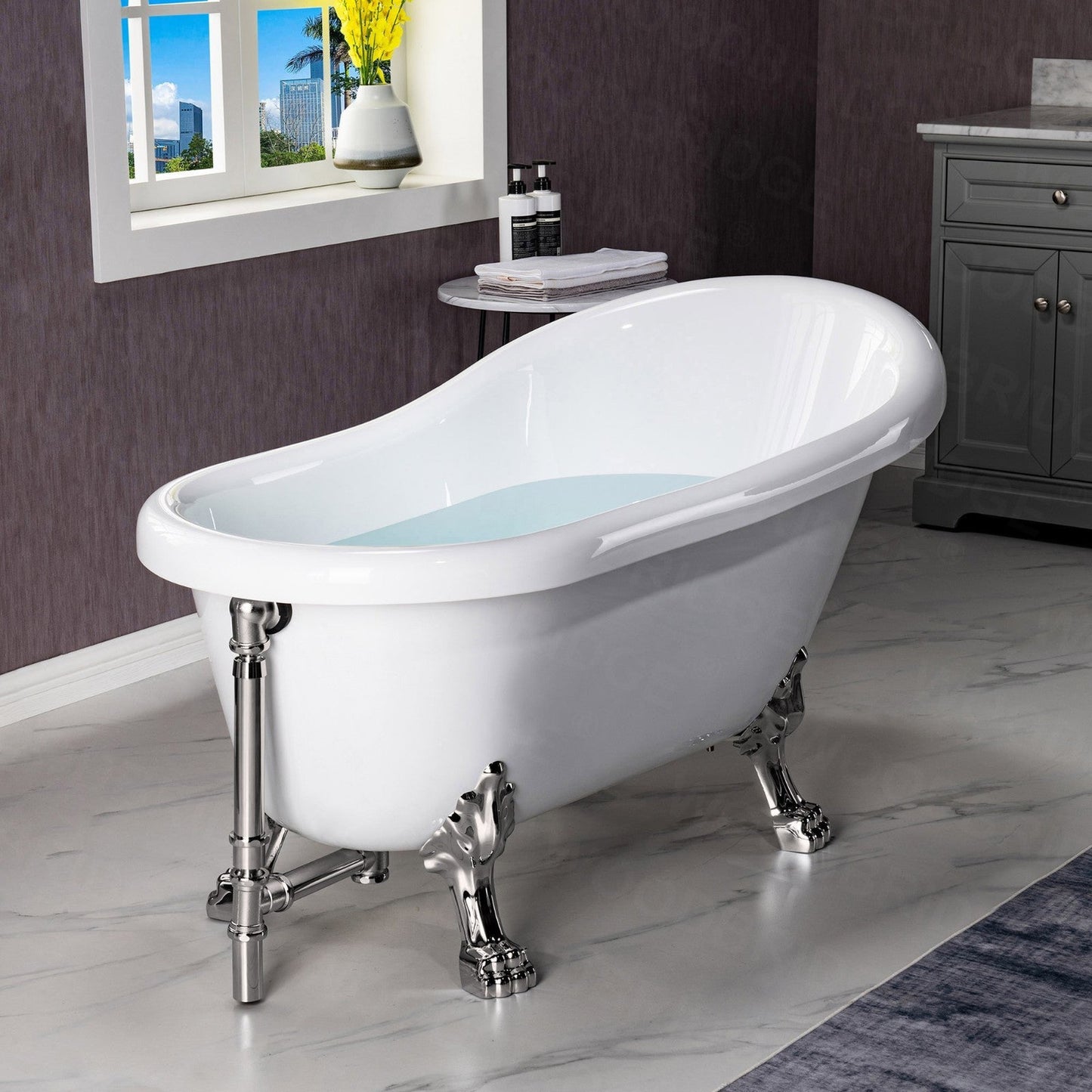 WoodBridge 54" White Acrylic Slipper Clawfoot Bath Tub With Brushed Nickel Feet, Drain and Overflow