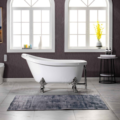 WoodBridge 54" White Acrylic Slipper Clawfoot Bath Tub With Brushed Nickel Feet, Drain and Overflow