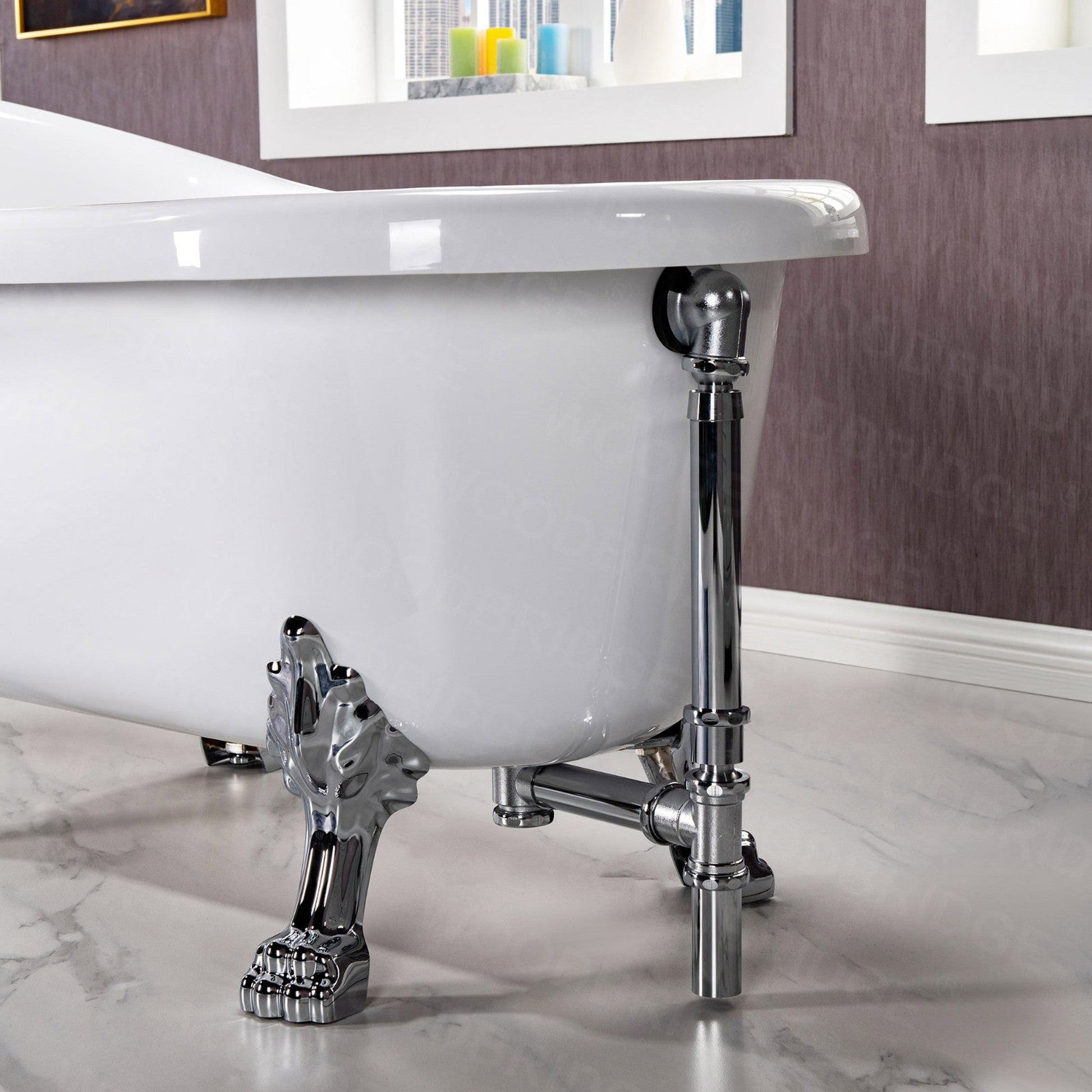 WoodBridge 54" White Acrylic Slipper Clawfoot Bath Tub With Chrome Feet, Drain, Overflow, F0071CHVT Tub Filler and Caddy Tray