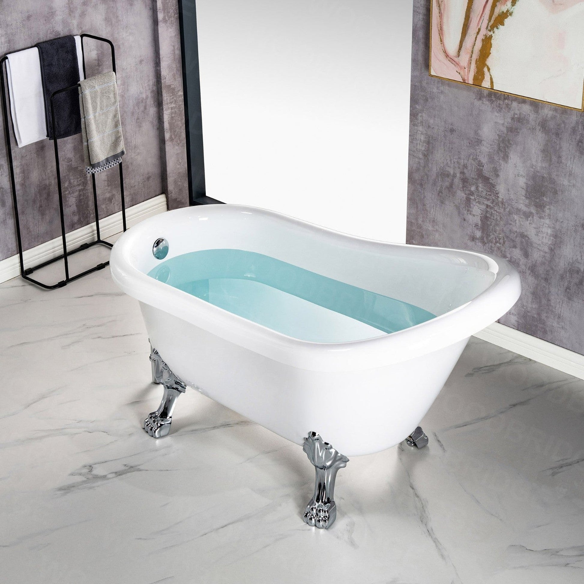 WoodBridge 54" White Acrylic Slipper Clawfoot Bath Tub With Chrome Feet, Drain, Overflow, F0071CHVT Tub Filler and Caddy Tray