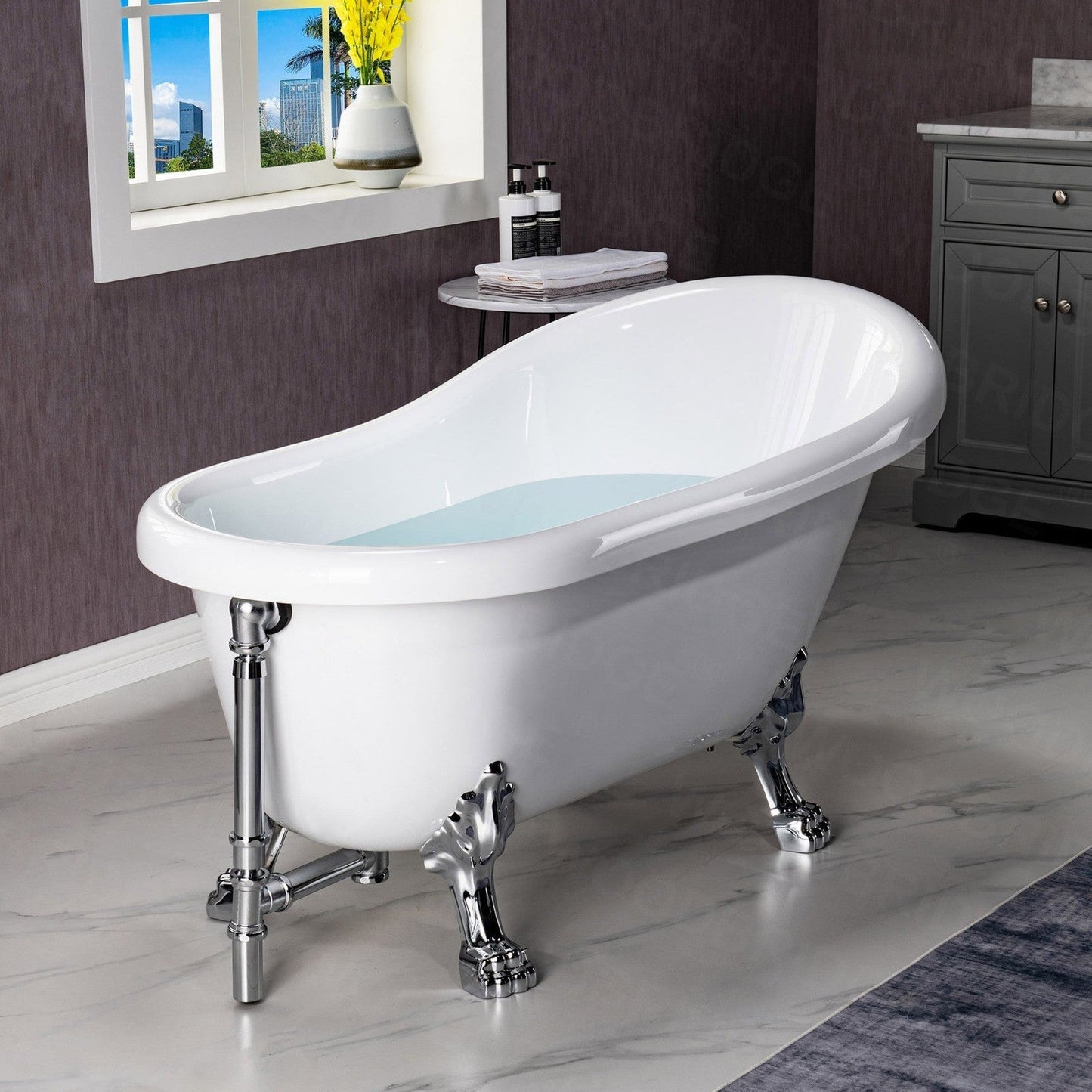 WoodBridge 54" White Acrylic Slipper Clawfoot Bath Tub With Chrome Feet, Drain, Overflow, F0071CHVT Tub Filler and Caddy Tray